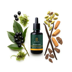 Rithim Mystic Forest Beard Oil surrounded by natural elements on a white background