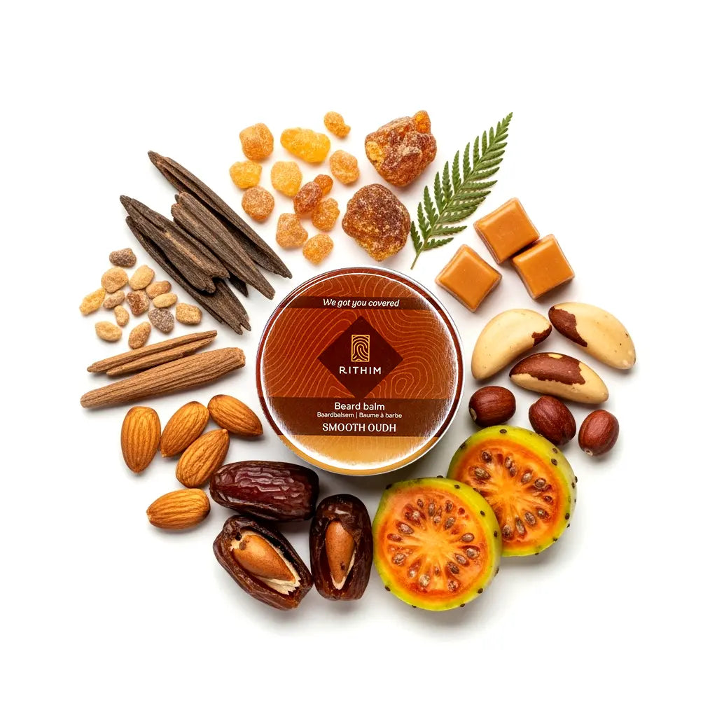 Rithim Smooth oudh beard balm surrounded by natural ingredients like agarwood, prickly pear, desert date on a white background