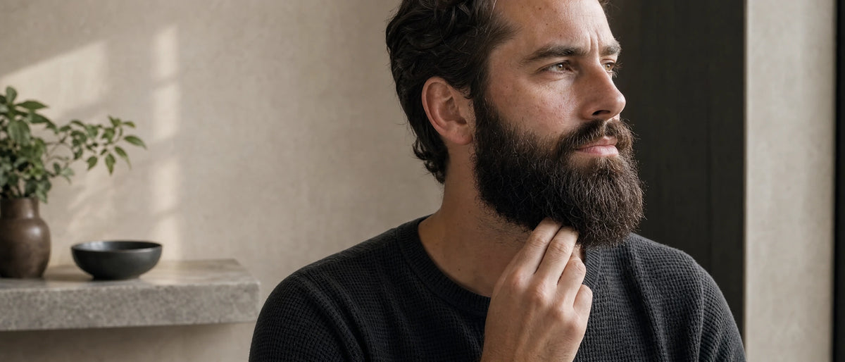 Man in a dark sweater touching his full beard in a warm-toned bathroom