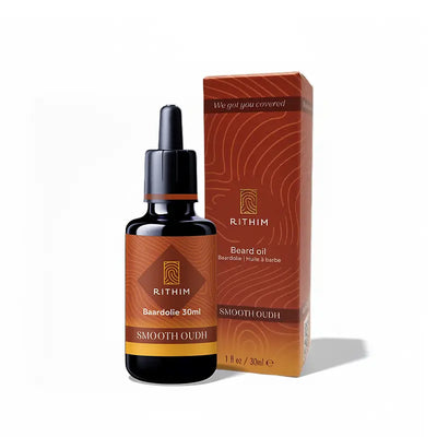 Rithim beard oil bottle and packaging on a white background
